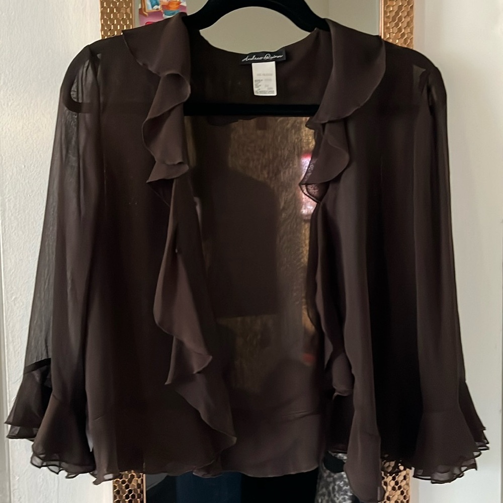 Andrea Quinn small sheer brown ruffle short jacket top